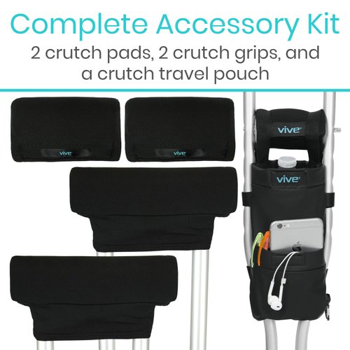 Vive Crutch Pads, Bag, & Hand Grips (5 PCS) - Crutches for Adults Armpit Padding, Hand Grips, Accessories Pouch - Soft Tips Medical Padded Handles, Accessories for Kids, Men, Women - Lightweight