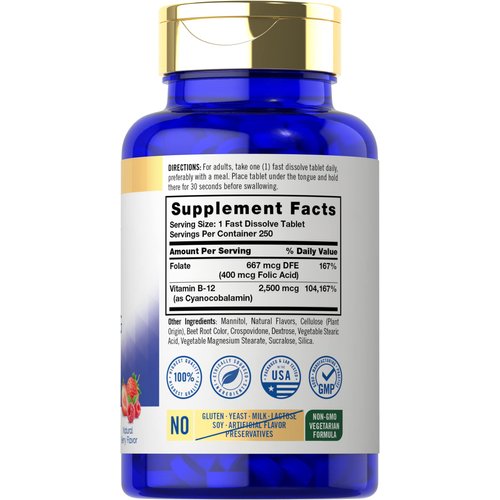 Carlyle Vitamin B12 Sublingual 2500 mcg | 250 Fast Dissolve Tablets | Cyanocobalamin Supplement with Folic Acid for Adults | Natural Berry Flavor | Vegetarian, Non-GMO, and Gluten Free