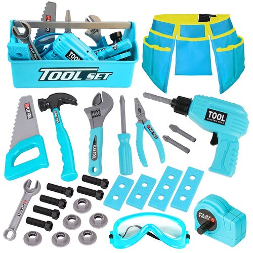 LOYO Kids Toys Tool Set - Pretend Play Construction Toy with Tool Box Kids Tool Belt Electronic Toy Drill Construction Accessories Gift for Toddlers Boys Ages 3 , 4, 5, 6, 7 Years Old (Blue)