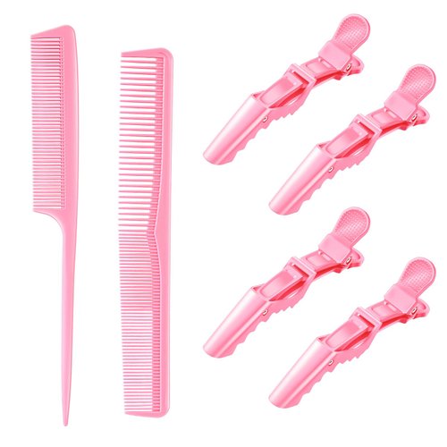 Baderke 6 Pcs Hair Cutting Comb and Clips Set Fine Wide Tooth Hair Barber Comb Alligator Sectioning Clips Double Hinged Design Braiders Parting Tool for All Hair Types Professional Hair Salon(Pink)