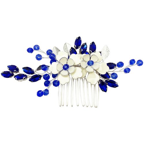 PRETTYLIFE Crystal Bridal Hair Comb Rhinestone Enamel Alloy Flower Silver Leaf Wedding Prom Hair Pieces Accessories for Women Girls (Blue)