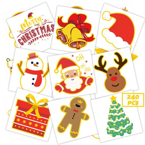 240 Pcs Christmas Temporary Tattoos for Kids, Glitter Individually Wrapped Safety Waterproof Tattoos, Best Choice for Christmas Goody Bag Stuffers, 60 Different Designs Elk Santa Snowman