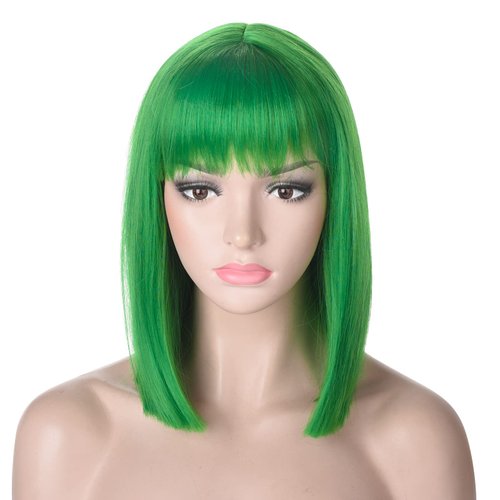 Deifor Short Straight Green Bob Wig with Bangs for Women Halloween Party | Natural Heat Resistant Synthetic Hair Wigs