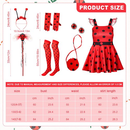 Mikovivi LLadybug Costume Set, 7pcs 100 Days of School Ladybug Costume Accessories Ladybug Halloween Costume Ladybug Dress Costume