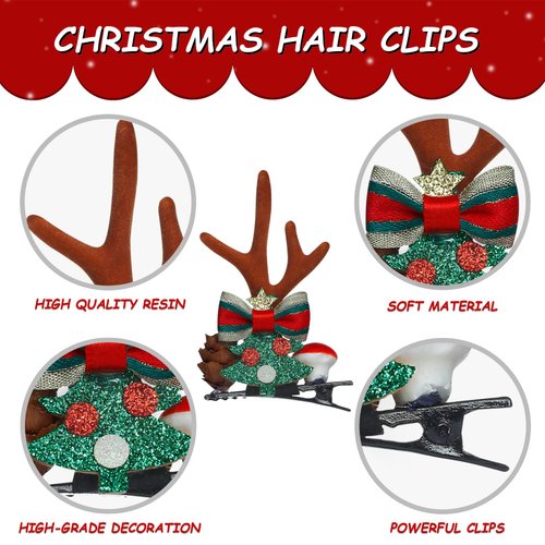 TailaiMei Reindeer Hair Clips, 2 Pairs Christmas Antlers Ears Hair Pins with Glitter Christmas tree and Santa, Cute Christmas Hair Accessory for Party Favors