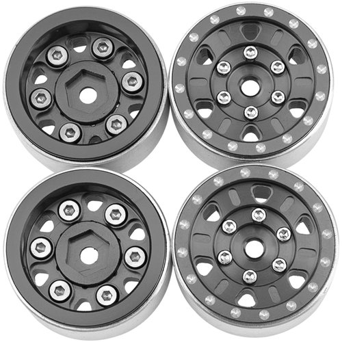 4Pack HIRCQOO 1.0" SCX24 Beadlock Wheels Rim 7mm Hex Wheel Rims Compatible with Axial 1/24 AXI90081 AXI00002V2 C10 Gladiator RC Micro Beadlock Wheels Crawler Car (Black)