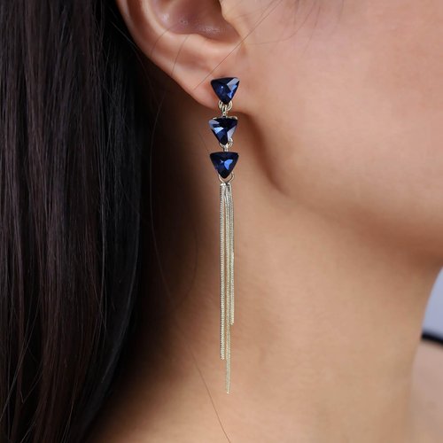 Sttiafay Vintage Sapphire Dangle Earrings Long Blue Crystal Chain Earrings Sapphire Tassel Drop Earrings Gold Sleek Metal Chain Earrings Jewelry for Women