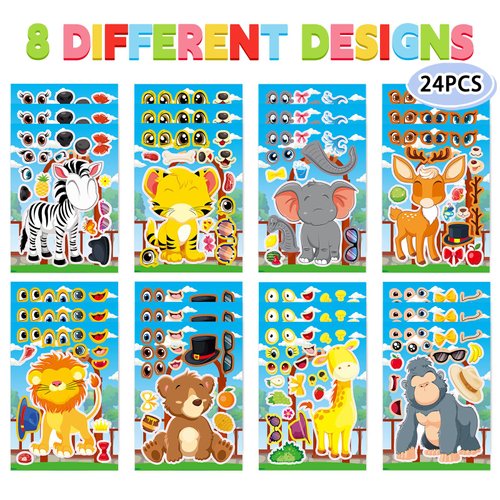DaiUni 24 Sheets Safari Animals Make a Face Sticker Sheets for Kids Todders Activities, Make Your Own Stickers for Kids Birthday Party Favor Supplies Craft