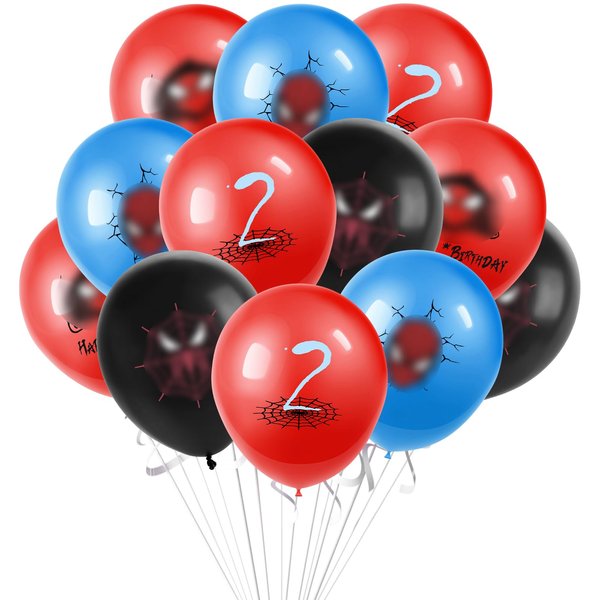 Cartoon Heroes Spider Pattern Birthday Decorations, Spider Pattern 2nd Birthday Balloons, 12inch Red Black Blue Latex Balloons Party Decorations for Kids Boys Cartoon Theme Birthday Party Supplies