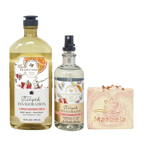 Bath & Body Works Aromatherapy Steeped Invigoration Rose + Tangerine + Tea Body Wash + Foam Bath and Essential Oil Mist Bundle with a Himalayan Salts Springs Bar Soap - Full Size