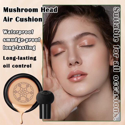 Air Cushion CC Cream Mushroom Head Foundation,Full Coverage Liquid Makeup Foundation,Oil Control Long Lasting Moisturizing BB Cream Foundation Makeup,Matte Concealer for All Skin Types(Natural)