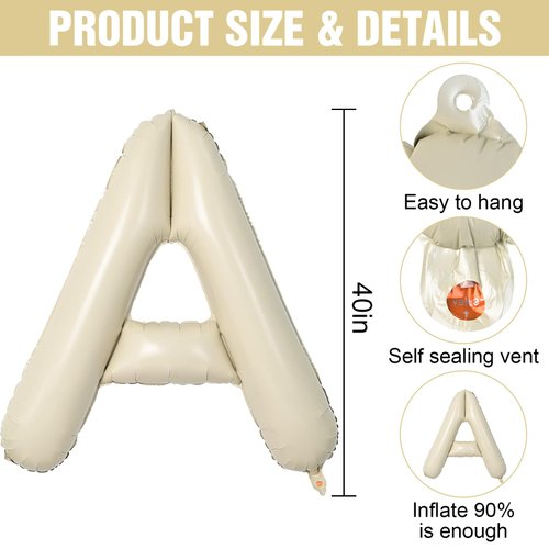 Letter Balloons Beige,40 Inch Letter A Balloons,A-Z Alphabet Name Foil Balloons,Big Single Cream Aluminum A Word Balloons Helium for Birthday,Anniversary,Baby Shower,Wedding Party Supplies Decorations
