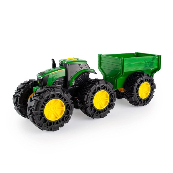 John Deere Monster Treads Tractor Toy with Wagon Toys with Lights and Sounds - Monster Truck Tires - Toddler Toys Ages 3 Years and Up,Red,Green