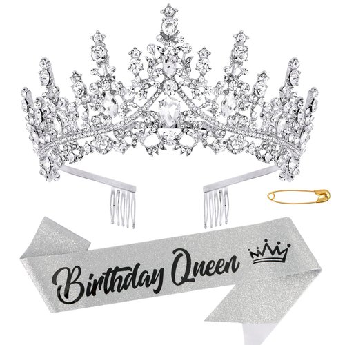 Chanaco Birthday Crown Birthday Sash for Women Birthday Queen Sash Birthday Crowns for Women Silver Tiara Happy Birthday Decorations Princess Rhinestone Headband Birthday Party Suppliers Gifts