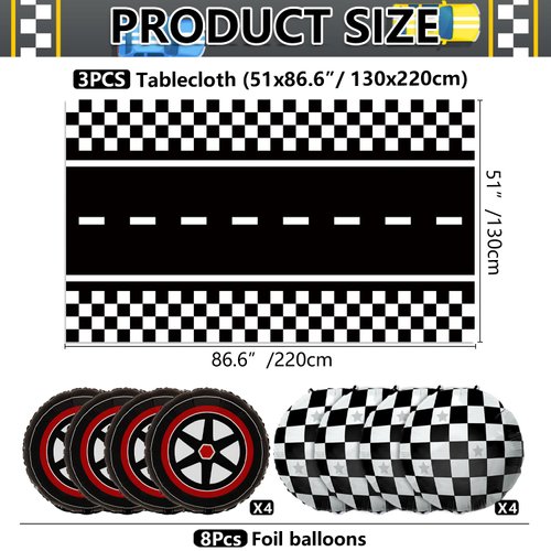 PIXHOTUL Race Car Party Decorations - 3 Pcs Checkered Race Track Tablecloths, 8 Pcs Foil Race Car Balloons Black Checkered Flag Table Cover for Kids and Adults Race Car Birthday Party Supplies