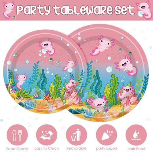 iPartyGo Axolotl Birthday Plates Napkins - 96 PCs Pink Forks Party Supplies Cartoon Cute Reptile Animals Disposable Tableware Set Favors Serves 24 Guest Girls Kids Happy Birthday Party Decorations