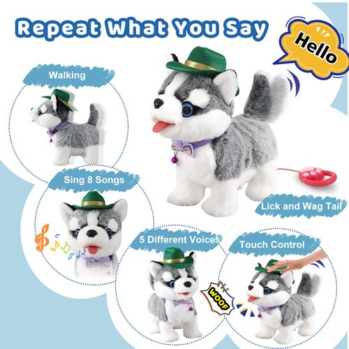 Walking Husky Barking Dog Toy for Child Kid Licking Talking Dog with Leash, Interactive Puppy that Barks Tail Wagging Plush Robot Dog Singing Electric Pet Pretend Dog Dress Up Christmas Boy Girl Gift