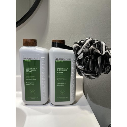Generic Raw Sugar Bath Bundle: (1) 2 Men's Epsom Body Wash + Bath Soak - Eucalyptus and Green Clay - 25 fl oz ea. (2) Sponge Bath lLoofah