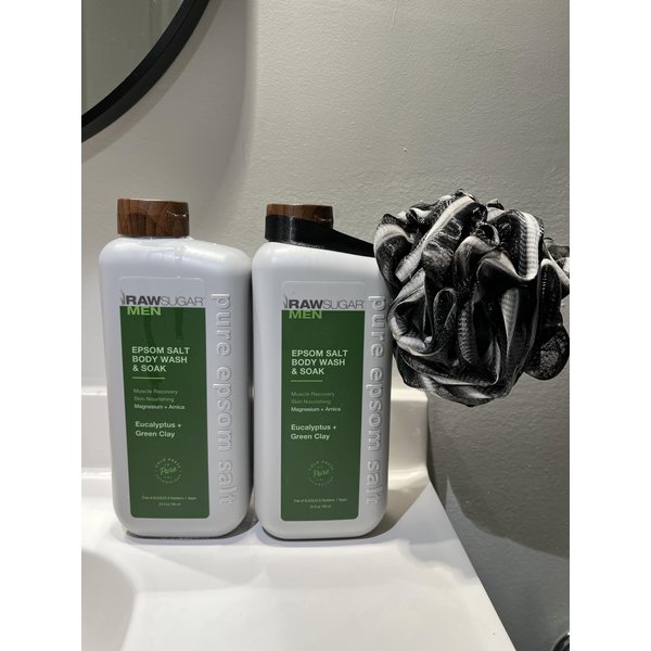 Generic Raw Sugar Bath Bundle: (1) 2 Men's Epsom Body Wash + Bath Soak - Eucalyptus and Green Clay - 25 fl oz ea. (2) Sponge Bath lLoofah