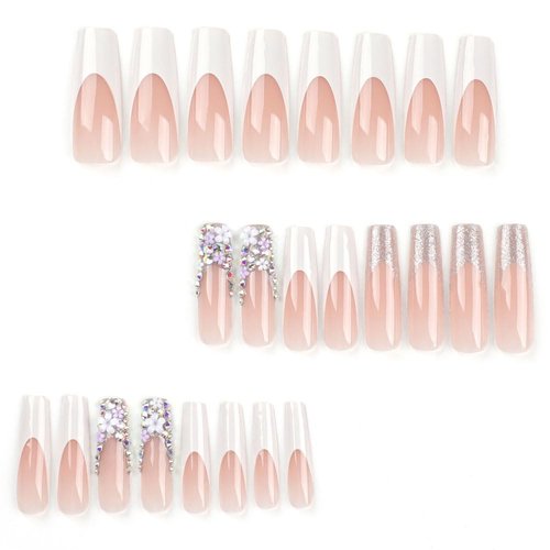 Long Press on Nails Coffin BAOYAALIN, White Fake Nails with 3D Flowers Rhinestones Design Gel Glue on Nails for Women Girls Full Cover Acrylic Artificial False Stick on Nail for Wedding