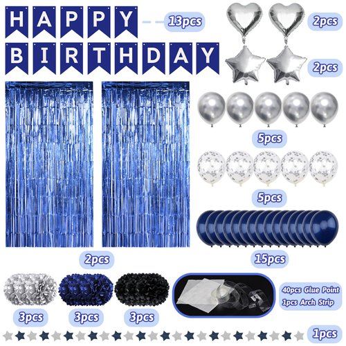 ZERODECO Birthday Party Decorations for Men, Black Navy Blue Silver Happy Birthday Banner Pompoms Balloon Arch Fringe Curtain Party Décor for Men Boys Women Girls Birthday Party Decorations Kit