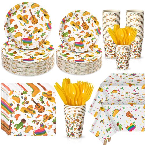 Domensi 170 Pcs Fiesta Party Decorations Supplies Mexican Theme Tableware Set for 24 Guests Disposable Mexican Paper Plate Cup Napkin Tablecloth for Cinco de Mayo Birthday, Taco Party(White)