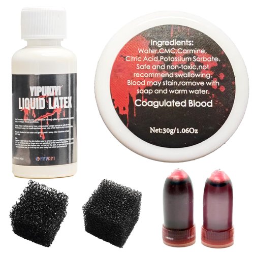 Realistic Effects Fake Blood Makeup Kit Scars Wax Latex(1.1Oz) Coagulated Blood Gel(1.06Oz) Fake Blood Capsule (2Pc) Special Effects Wound Scars Clothes Washable Easy Dry Eye Bleeds Zombie