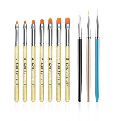 FULINJOY 10Pcs Gel Nail Brush Set, 7Pcs UV Gel Nail Painting Brushes with 3Pcs Nail Art Liner Brushes, Nail Art Brush Nail Painting Brush Pen Set for Acrylic Application
