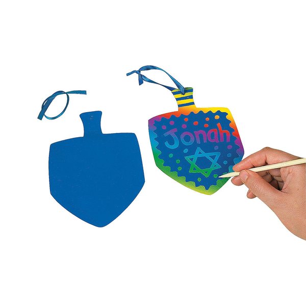 Dreidel Magic Color Scratch Hanging Craft Art Kit - Set of 24 with 12 Scratch Tools - Hanukkah Crafts for Kids