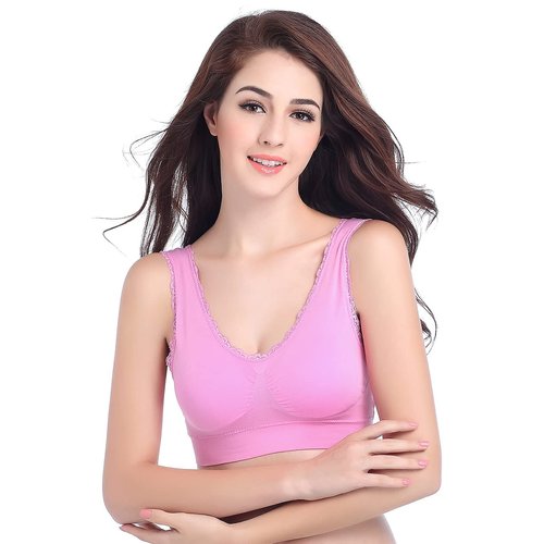 Women's Leisure Sports Sleep Bra Comfort Seamless Stretchy Lace Trim Wirefree Pink