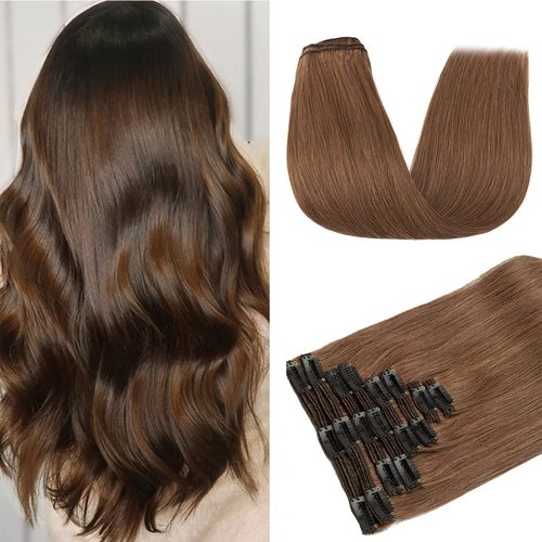 Clip in Hair Extensions Human Hair 100% Brazilian Virgin Human Hair 8pcs Per Set with 18Clips Double Weft Clip in Human Hair Extensions (14 Inch, #4 Chotolate Brown)