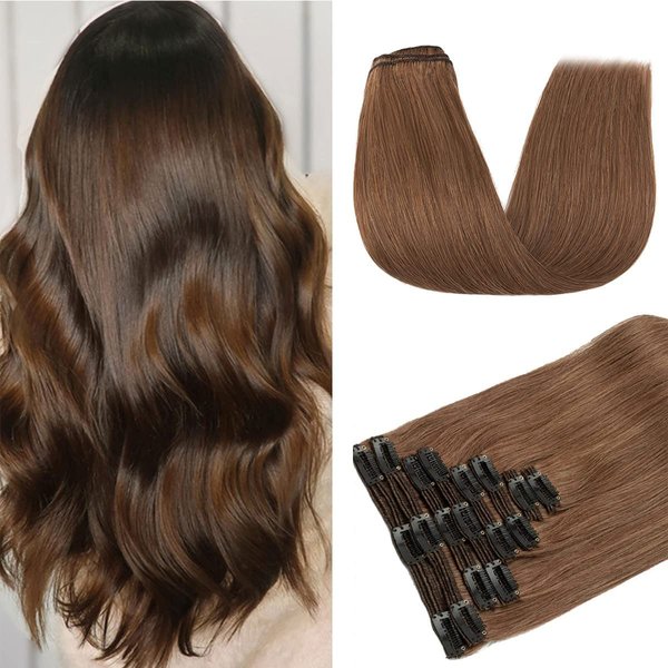 Clip in Hair Extensions Human Hair 100% Brazilian Virgin Human Hair 8pcs Per Set with 18Clips Double Weft Clip in Human Hair Extensions (14 Inch, #4 Chotolate Brown)