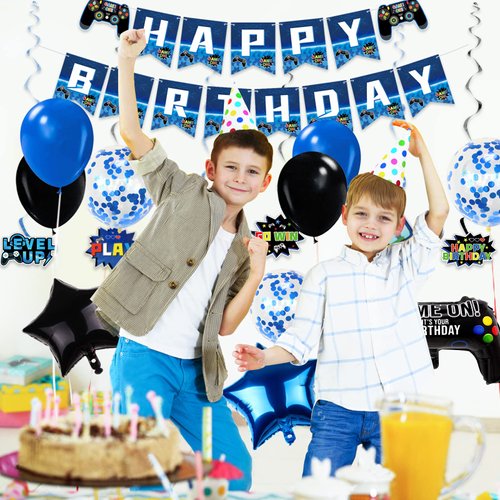 Video Game Birthday Party Decorations Navy Blue Game On Party Supplies Gaming Birthday Decoration Including Happy Birthday Banner,Hanging Swirls, latex balloons and Game Controller Balloons