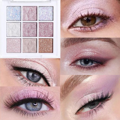 FLYEEO Pink Purple White Glitter Shimmer Sparkle Eye Shadow Palette Makeup, Warm Pastel 9 Colors EyeShadow Palette,Colorful Long Lasting Waterproof Naturing-Looking (ice glitter)
