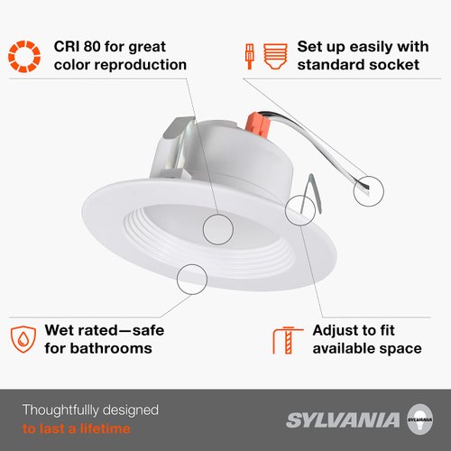SYLVANIA 4” LED Recessed Lighting Downlight with Trim, Dimmable, 7.5W=65W, 600 Lumens, White 3000K, Wet Rated / UL / Energy Star - 4 Pack (62022)