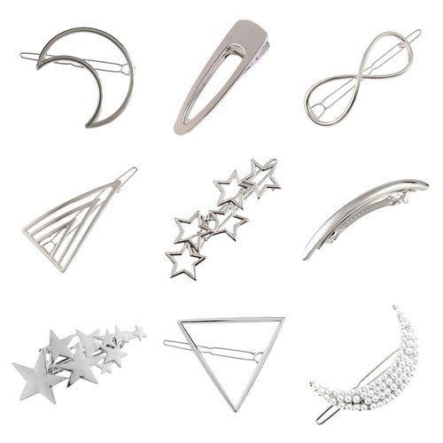 9 Pack Vintage Minimalist Bowknot Circle Moon Star Branch Pearl Metal Silver Hair Clips Hairpins Snap Barrettes Comb Claw Clamp Wedding Bridal Decorative Hair Styling Ornament Accessory for Women Lady