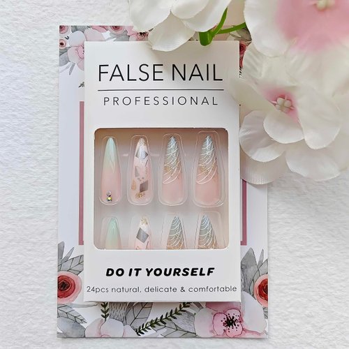 French Tip Press on Nails Long Stiletto Fake Nails Acrylic False Nails with Rhinestones Designs with Gold Foil Artificial Glue on Nails Green Nails Press ons Almond Stick on Nails for Women 24Pcs