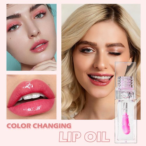Color Changing Lip Oil,Clear to Pink Magic Big Brush Color Changing Hydrating Lip Glow Oil,Long Lasting Nourishing Non-sticky Lip Oil Tinted for Lip Care and Dry Lips (Transparent)