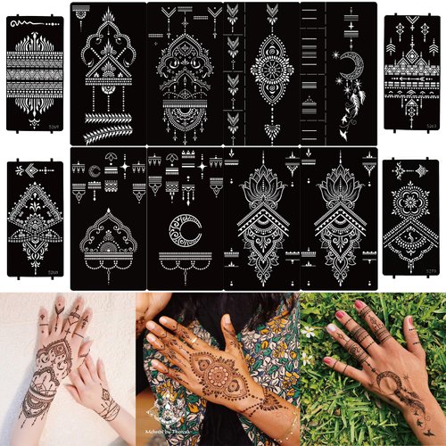 DIVAWOO 12 Sheet Henna Tattoo Stencils, Hand Temporary Tattoo Stickers, Indian Arabian Self Adhesive Tattoo Templates