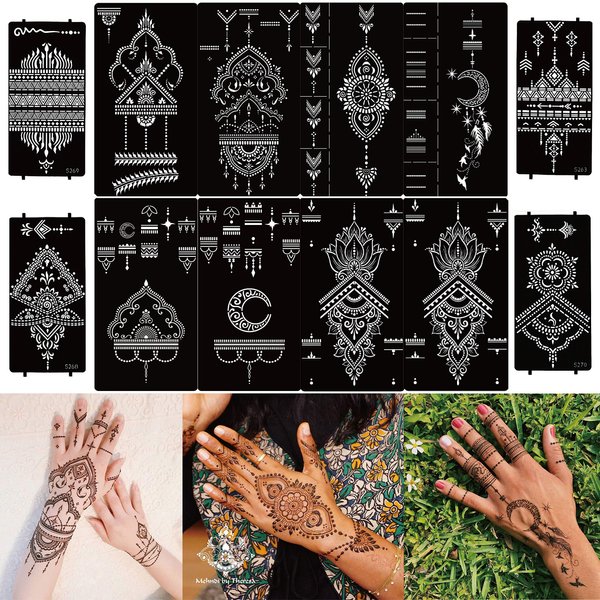 DIVAWOO 12 Sheet Henna Tattoo Stencils, Hand Temporary Tattoo Stickers, Indian Arabian Self Adhesive Tattoo Templates
