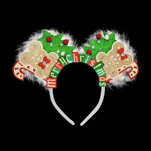 JUTTIRA Merry Christmas Mouse Ears Headbands Xmas Tree Hair Band Gingerbread Headdress, Snow White Headbands Xmas Rat Ears Hair Hoop Red Green White Squirrel Ears Head Bopper, Santa Headpieces