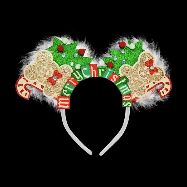 JUTTIRA Merry Christmas Mouse Ears Headbands Xmas Tree Hair Band Gingerbread Headdress, Snow White Headbands Xmas Rat Ears Hair Hoop Red Green White Squirrel Ears Head Bopper, Santa Headpieces