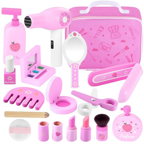 GAGAKU Wooden Makeup Toy Set Pretend Wood Beauty Hair Salon Toys for Toddler Wooden Makeup Kit for Girls with Styling Tools Christmas Birthday Gift for 3 4 5 6 7 Years Old Girls