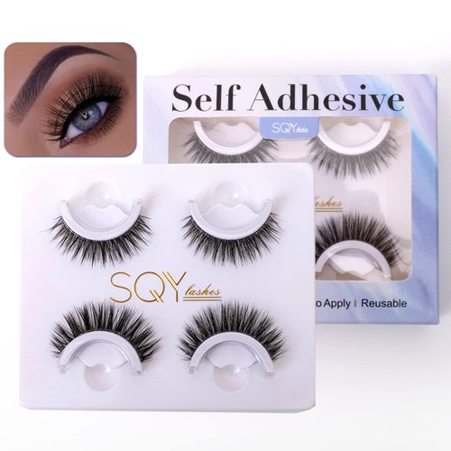 SQYlashes Glueless Lashes, Adhesive Lashes no Glue, Stick on Lashes, Self Adhesive Eyelashes Natural Look, Reusable and Waterproof (Black Color, 2 Pairs)
