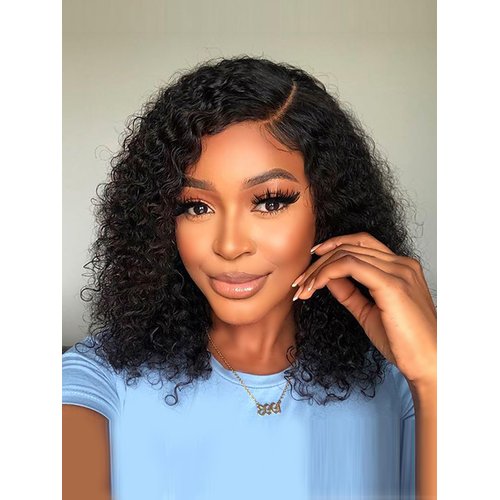 Enguer Curly Bob Wig Human Hair 200% Density HD Kinky Curly Side Part Short Curly Lace Front Wigs...