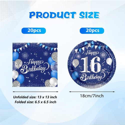 16th Birthday Decorations for Boys16th Birthday Party Tableware Set 16 Years Old Birthday Party Dessert Plates Napkins Blue and Silver Happy 16th Birthday Party Decorations Supplies for Boys Girls