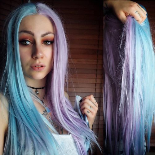 xiweiya Natural Natural Straight Mermaid Piano Color Purple Pink To Blue Two Tone Synthetic None-Lace Full Machine Made Wig for Women Heat Resistant Replacement Cosplay Makeup Wig