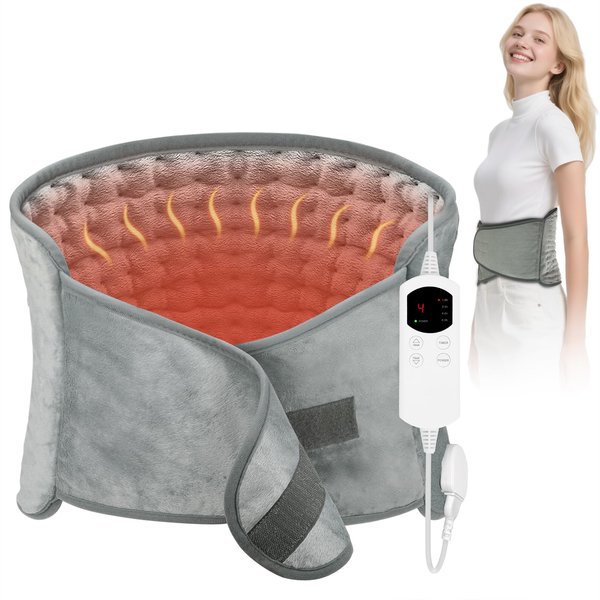Heating Pad for Back & Period Cramps, 12"x24" Large Electric Heating Pad with 26" Waist Belt, 6 Heat Levels 4 Timers & Auto Shut Off, Gift for Women Men Mom Dad(Gray)