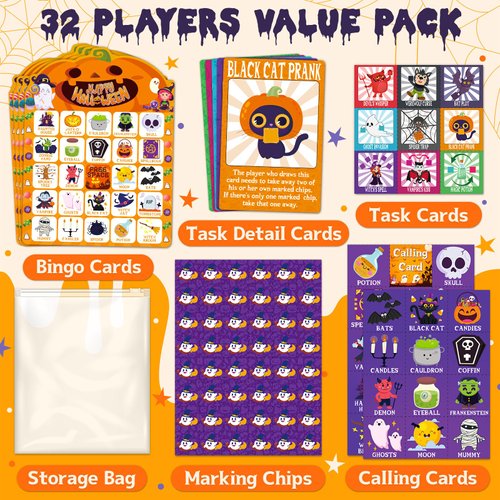 zheyistep 56 Sheets Halloween Bingo Game, 32 Players Halloween Party Games for Kids Adults Halloween Bingo Cards for School Family Activity, Halloween Party Favors Kids Bingo