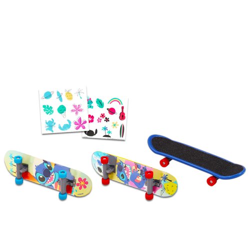 Stitch Fingerboard Toy Set ~ 3 Pc Bundle with Stitch Finger Skateboard for Kids, Lilo and Stitch Stickers, and a Beach Kids Door Hanger | Stitch Party Favors
